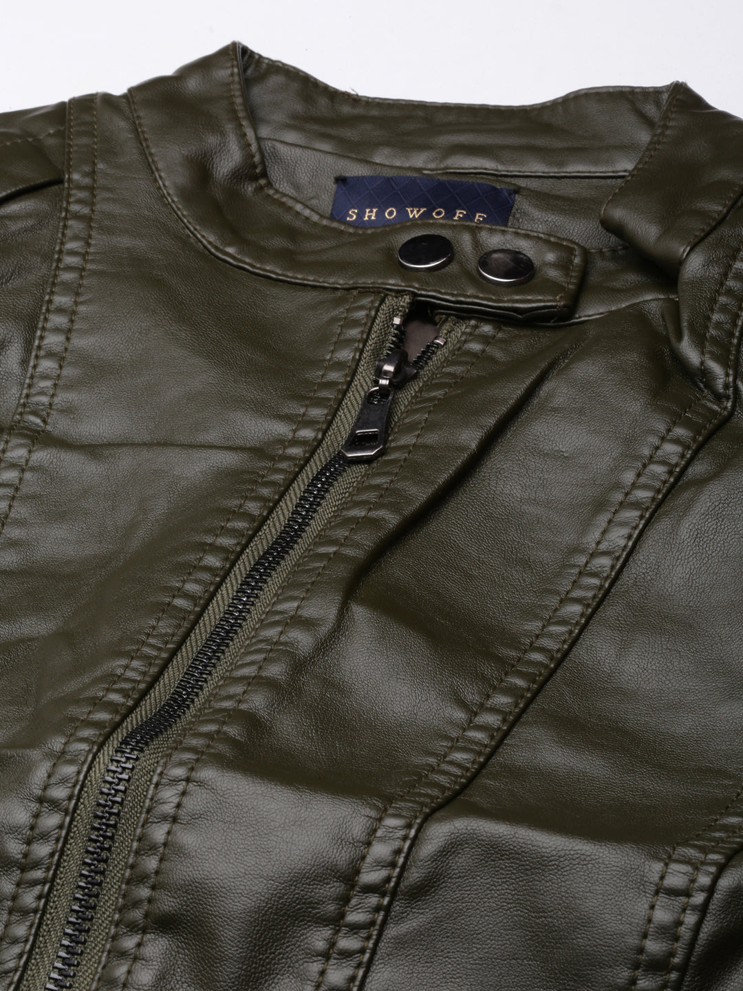 Olive Stand Collar Biker Jacket