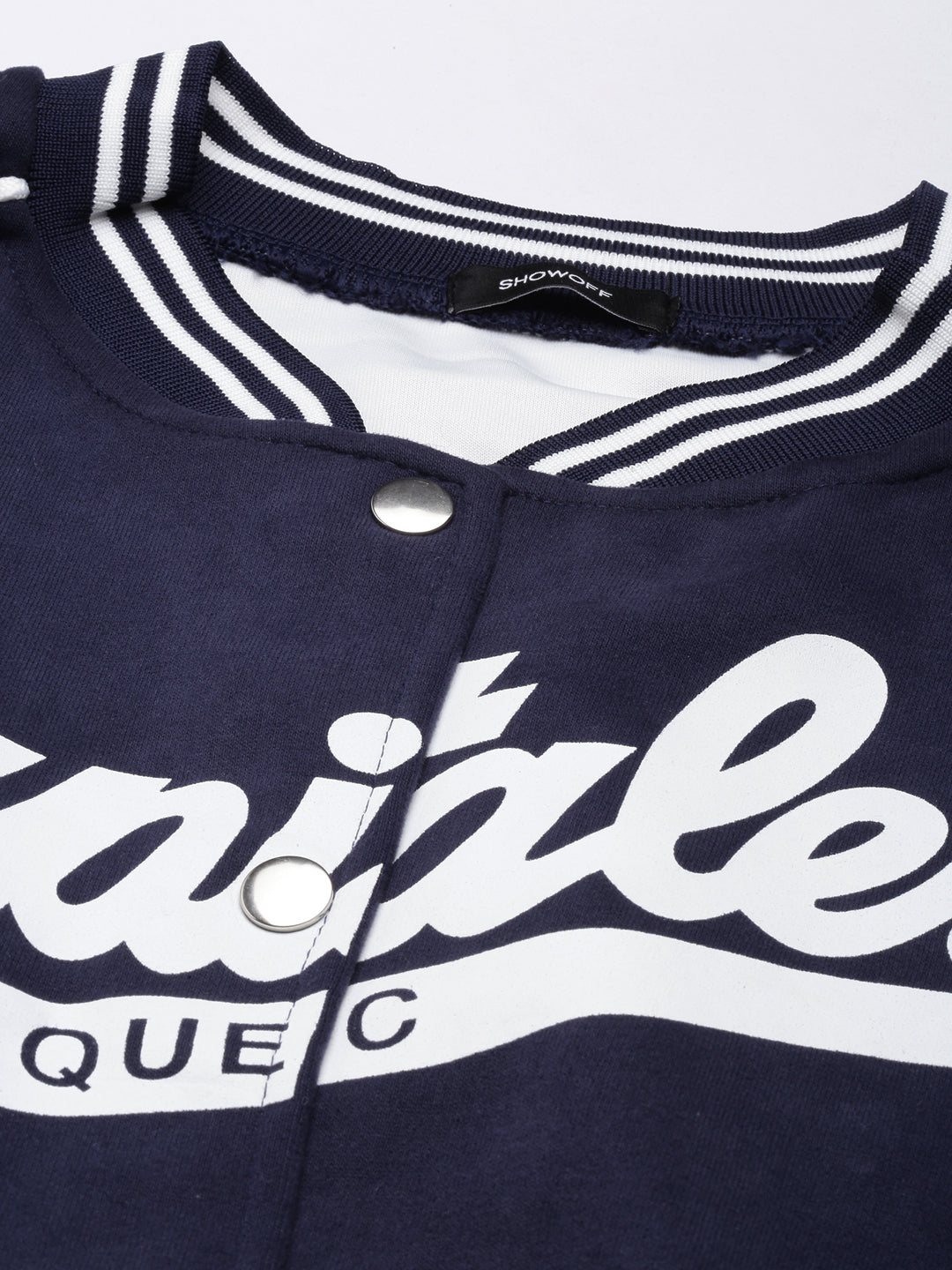 Typography Navy Blue Crop Oversized Drop Shoulder Varsity Jacket