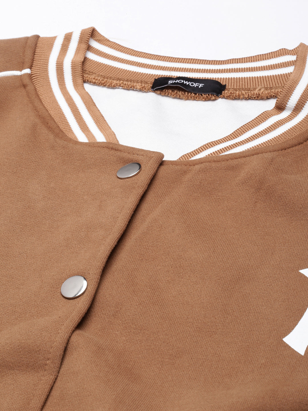 Typography Brown Crop Oversized Drop Shoulder Varsity Jacket