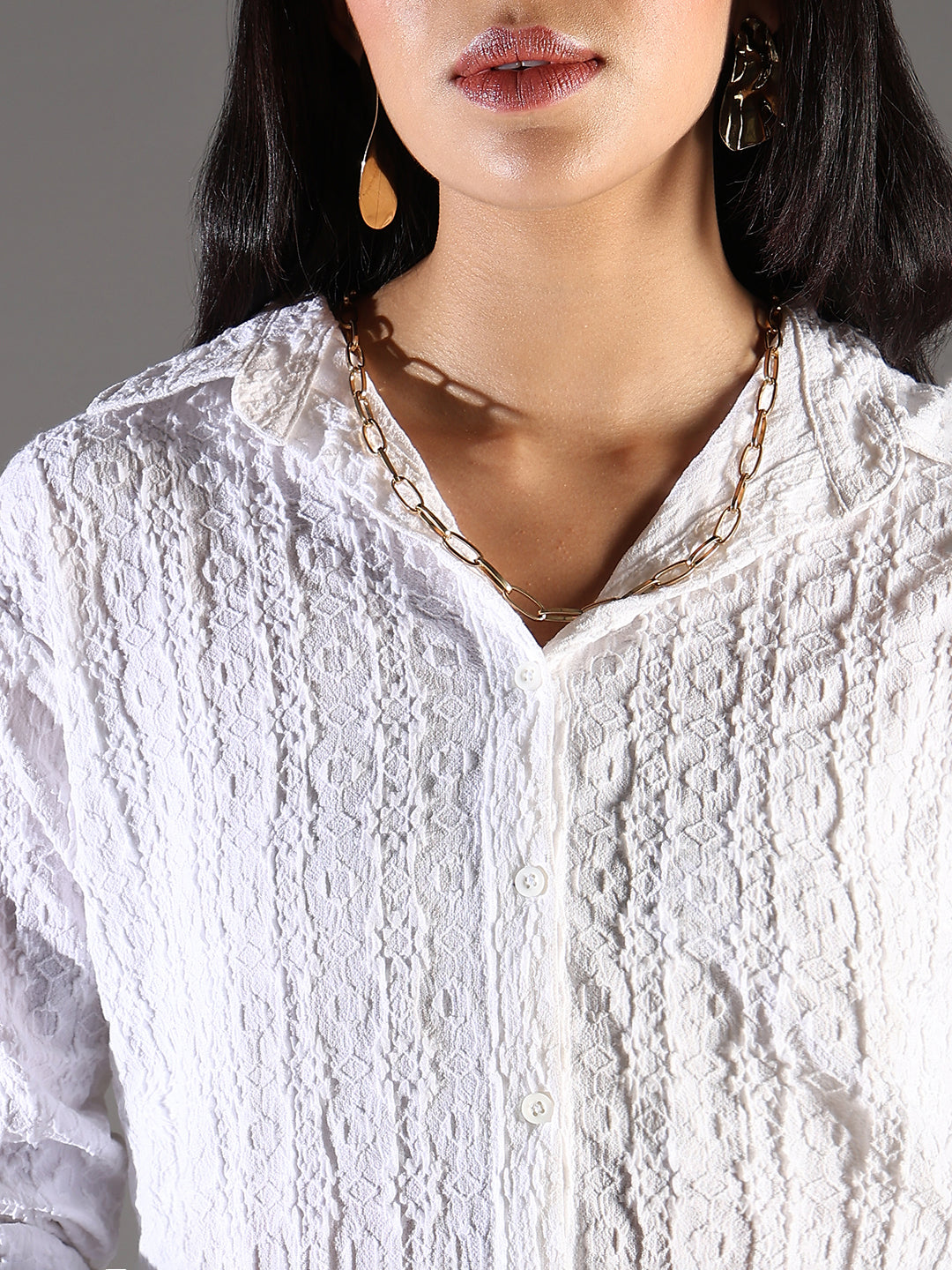 White Self Design Cotton Shirt Dress