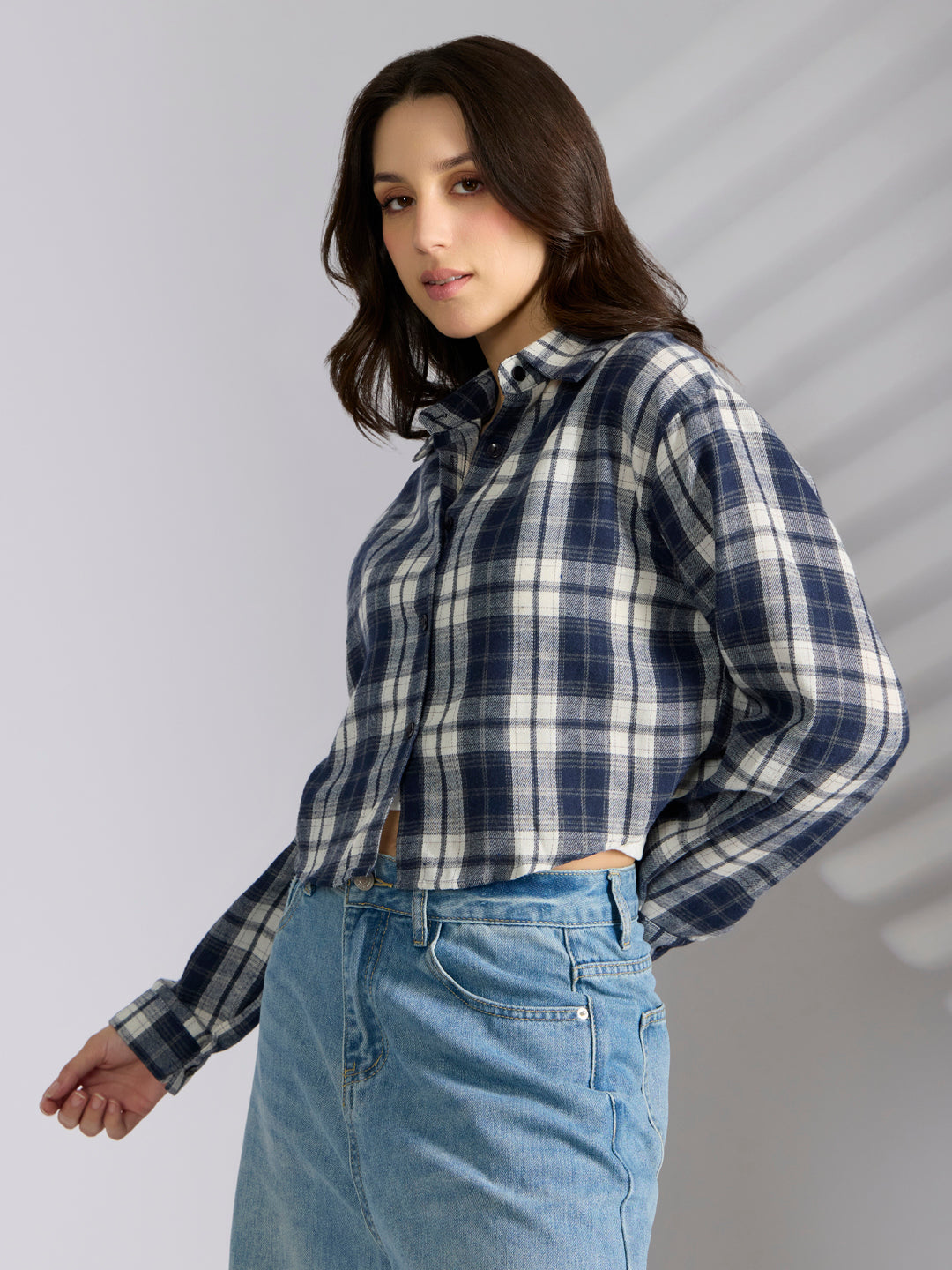 Women's Checked Navyblue Spread Collar Oversized Shirts