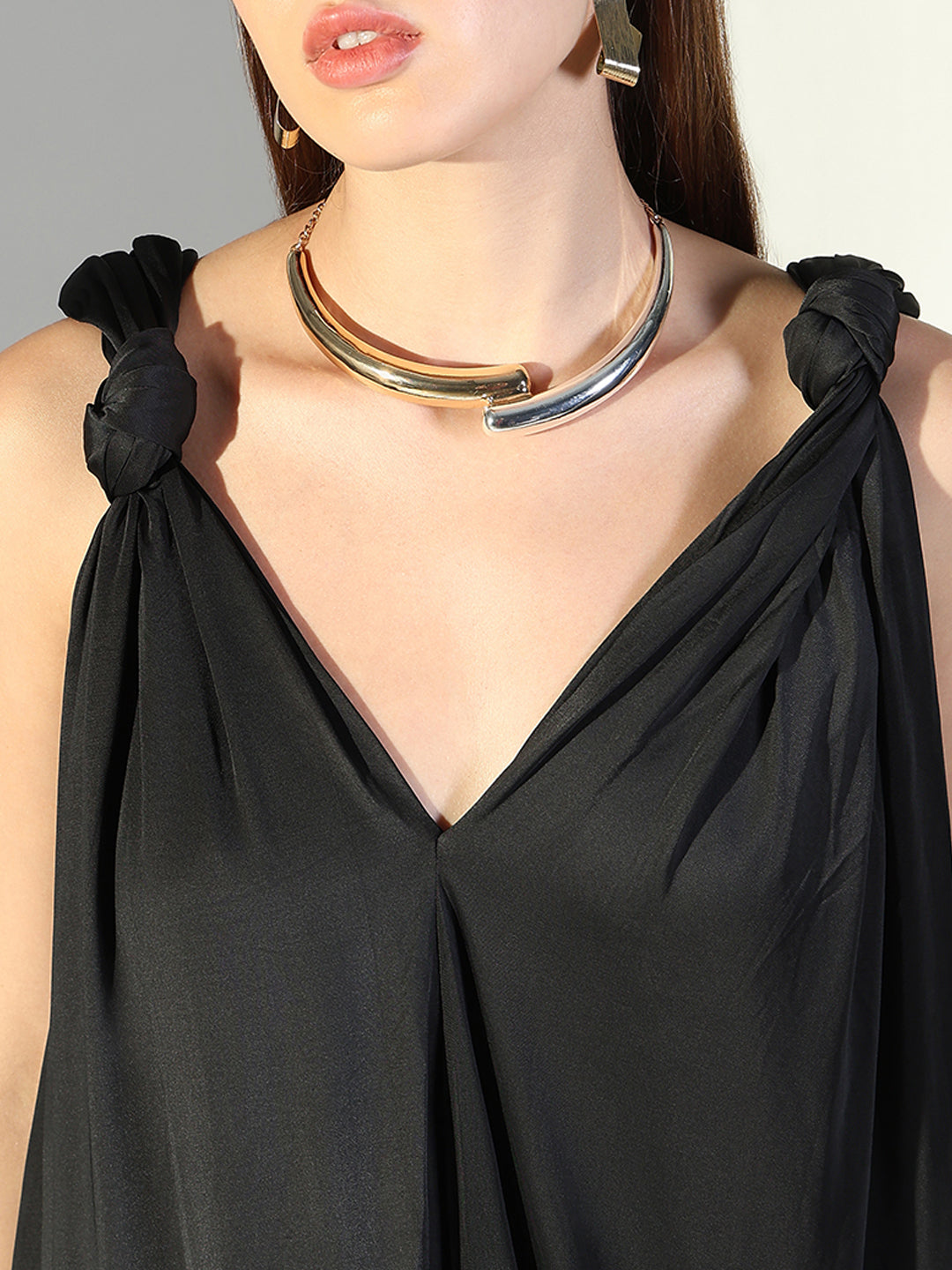 Black Knot Strap V-Neck A-Line Midi Dress