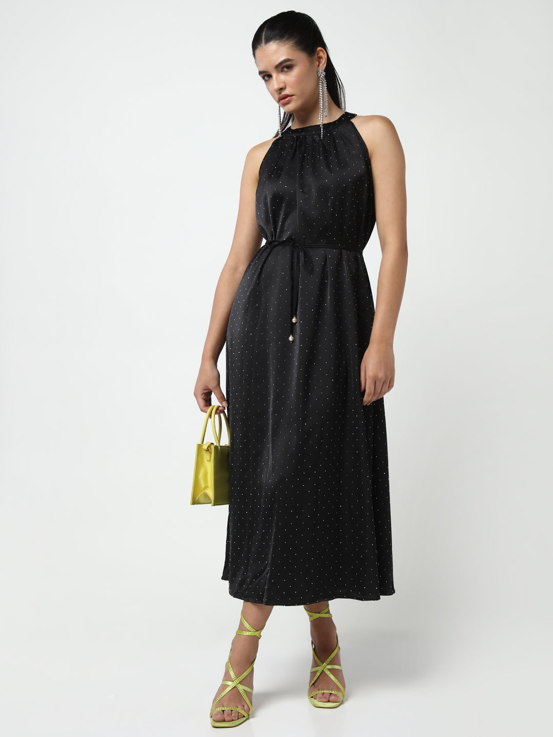 Embellished Black High Neck Satin Dress with waist Tie