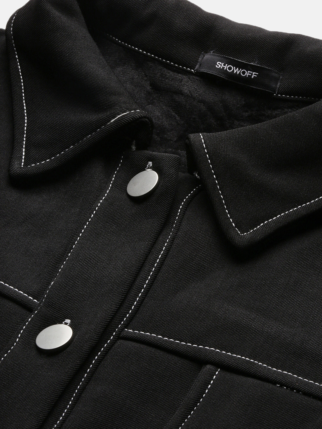 Black Spread Collar Solid Cotton Casual Tailored Windcheater Jacket