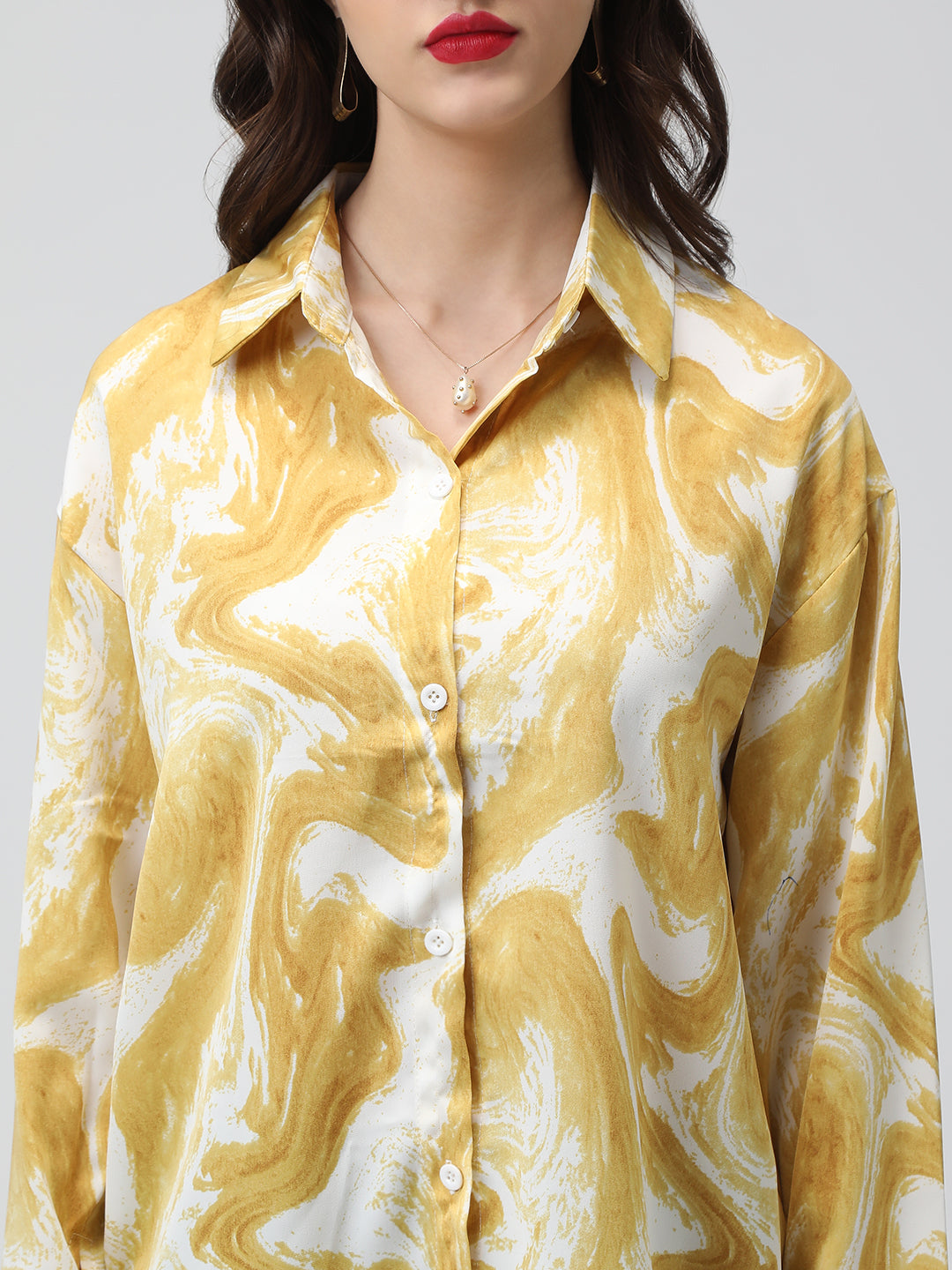 Women's Printed Yellow Spread Collar Relaxed Fit Shirts