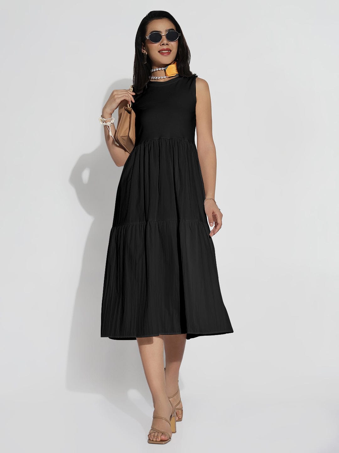 Black Sleeveless Flared Midi Dress
