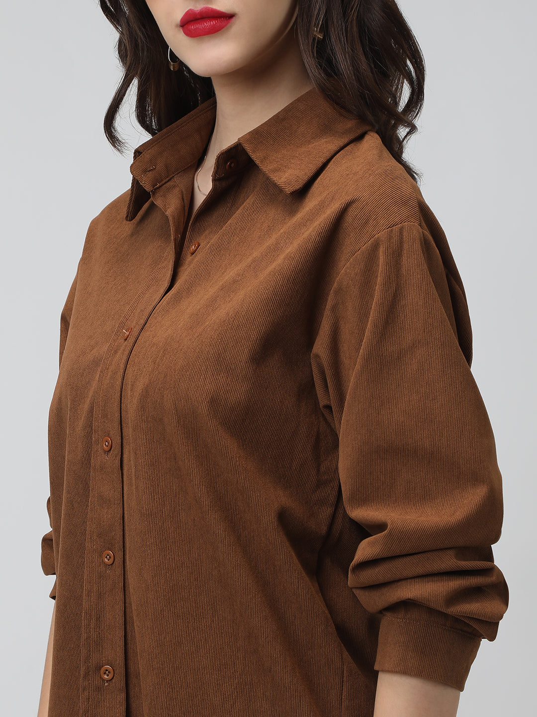 Women's Brown Spread Collar Relaxed Fit Shirts