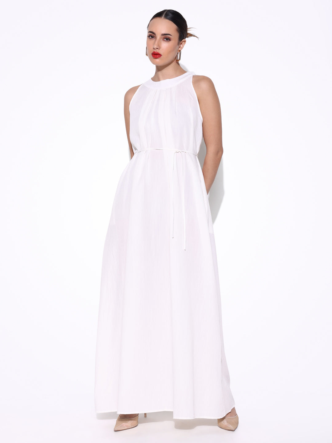 Solid Off White Linen Maxi Dress with Waist Tie