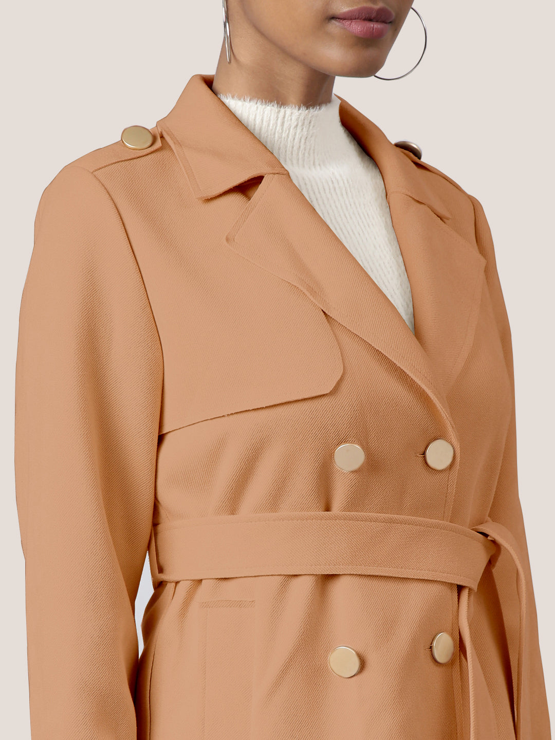 Solid Brown Longline Trench Coat with Belt