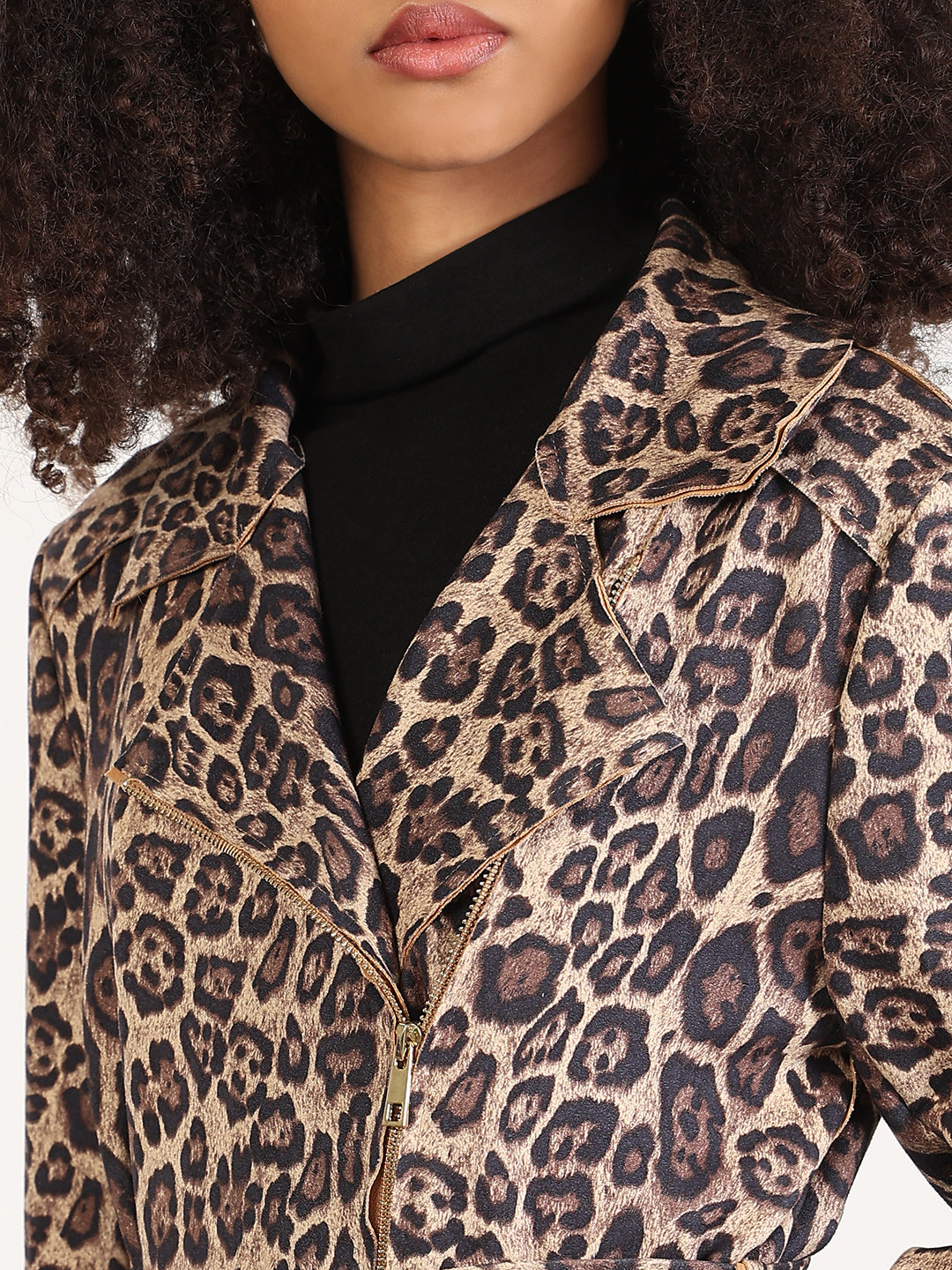Animal Print Beige Lapel Collar Trench Coat with Fabric Belt And Zipped Cuff