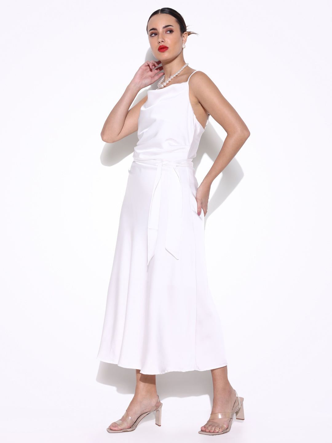 White Satin Cowl Neck Slip Dress with Waist Tie