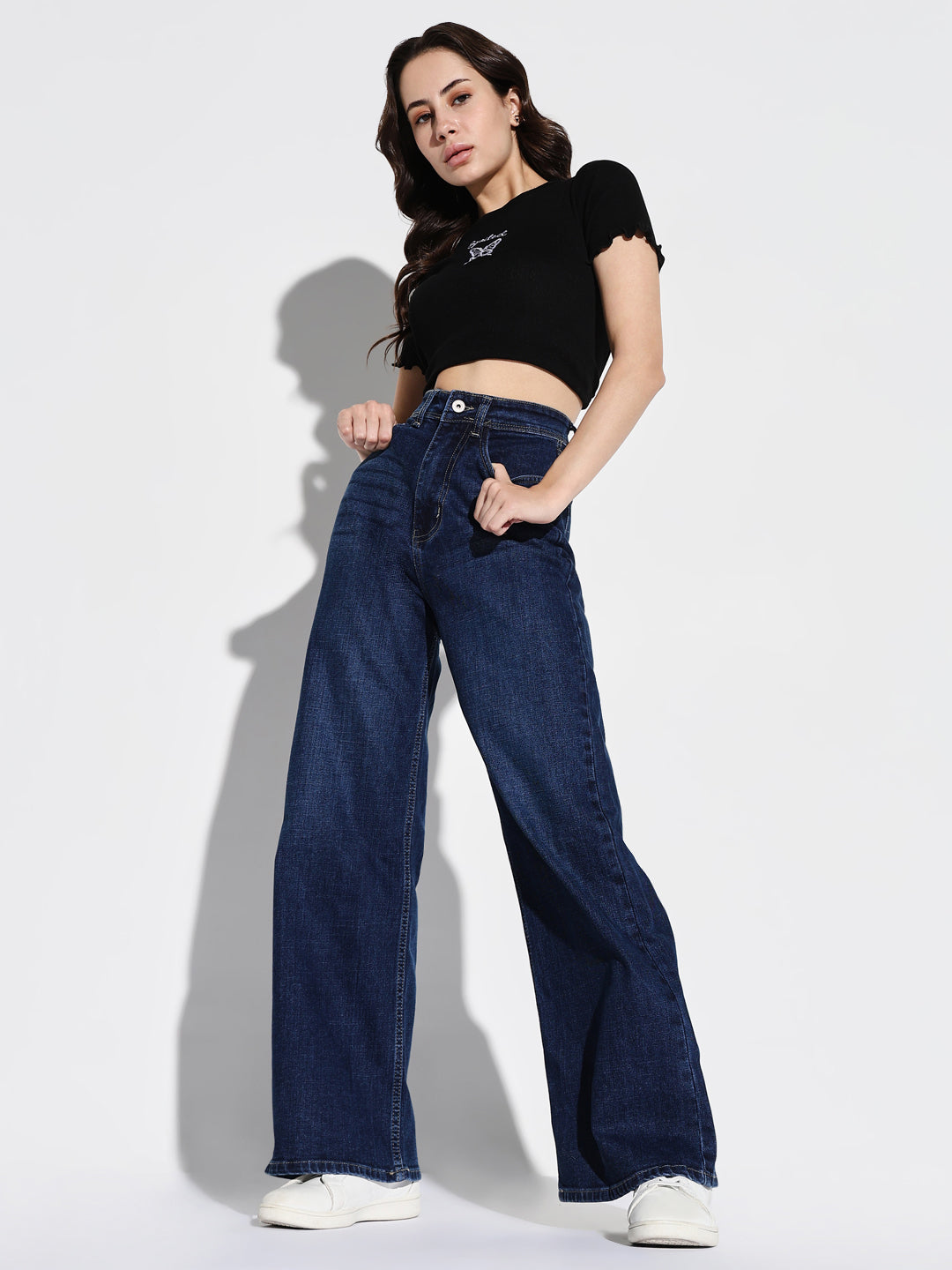 Navy Blue Comfort Wide Leg Light Fad Stretchable Jeans