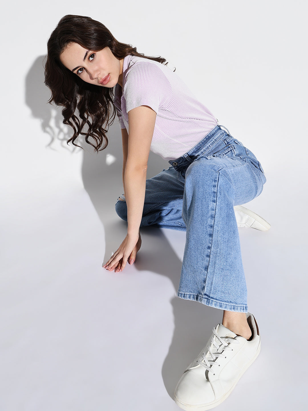 Blue Comfort Wide Leg Slash Knee Light Fade Acid Wash Stretchable Jeans