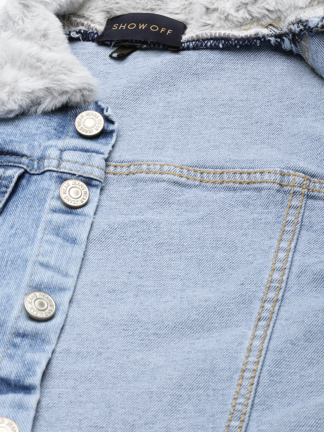 Blue Crop Denim Jacket With Faux Fur Trim