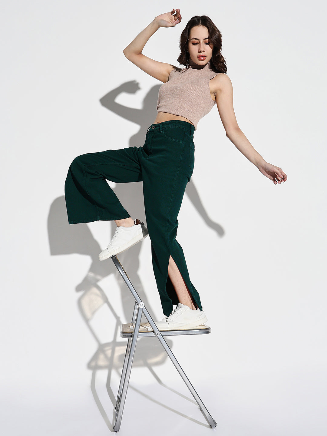 Green Comfort Wide Leg Acid Wash Stretchable Jeans