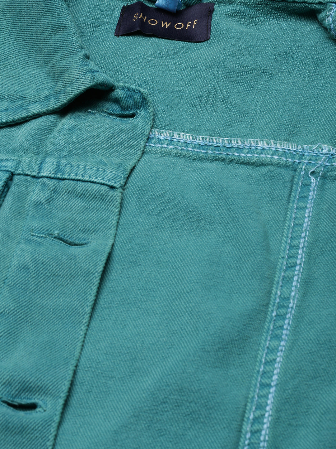 Teal Spread Collar Distressed Crop Denim Jacket