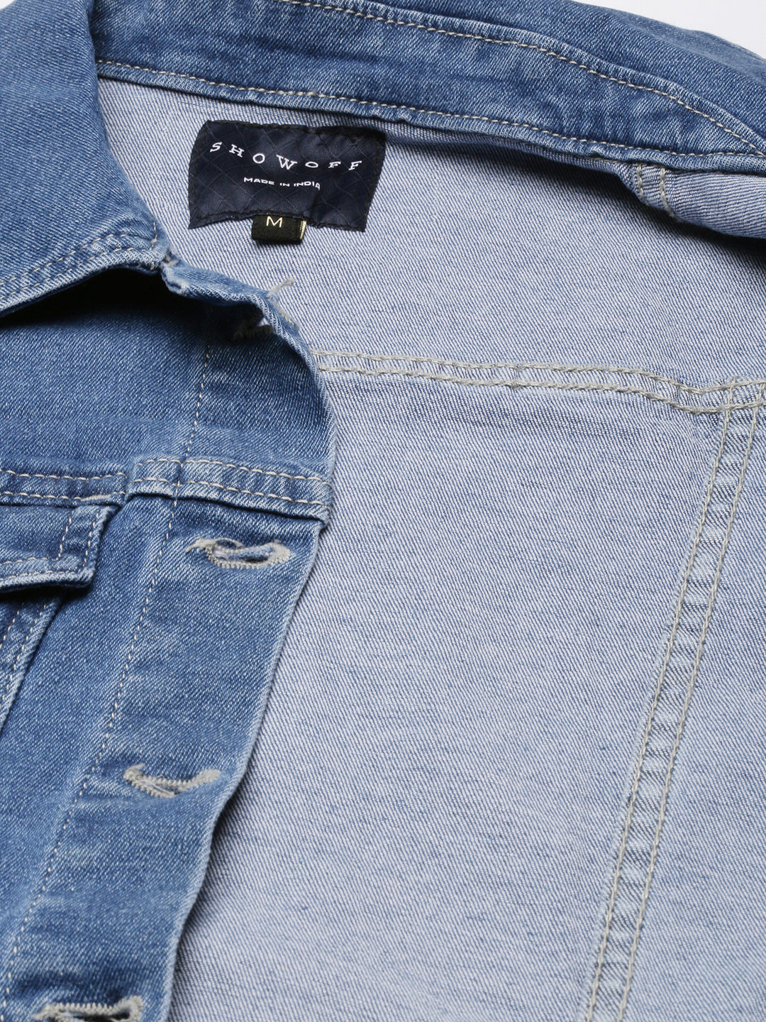 Blue Spread Collar Crop Denim Jacket