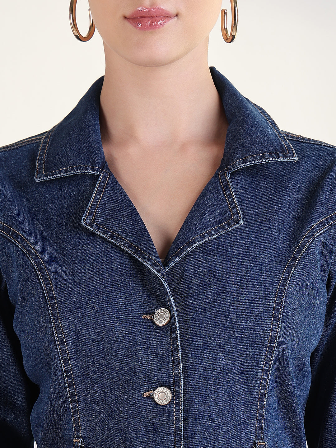 Solid Navy Blue Shirt Above Knee Denim Dress with Fabric Belt