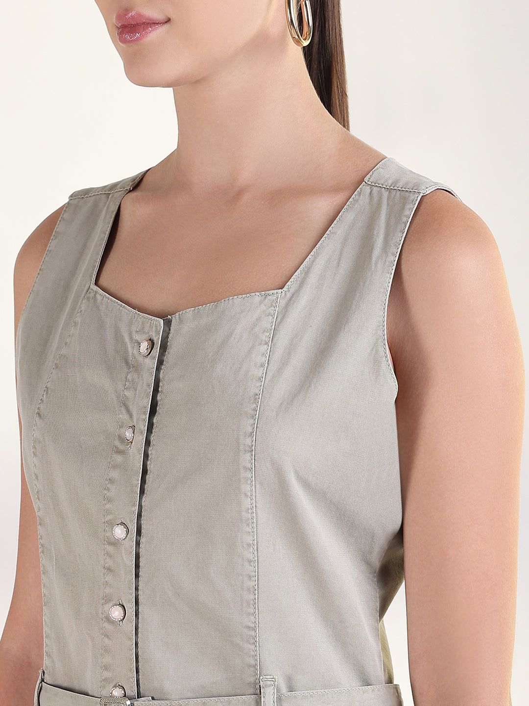 Solid Beige A-Line Knee Length Denim Dress with Belt