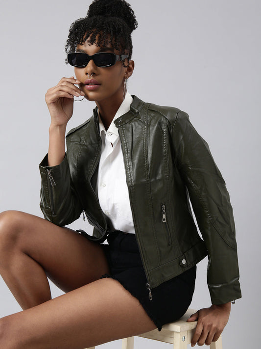 Olive Stand Collar Biker Jacket