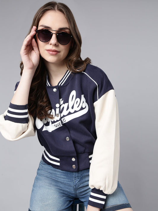 Typography Navy Blue Crop Oversized Drop Shoulder Varsity Jacket