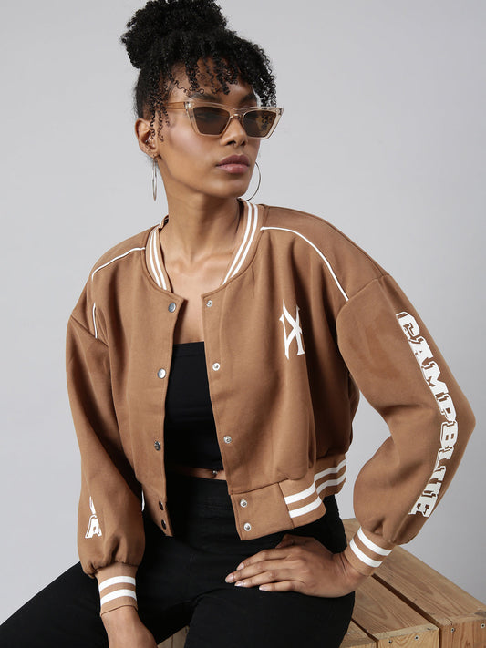 Typography Brown Crop Oversized Drop Shoulder Varsity Jacket