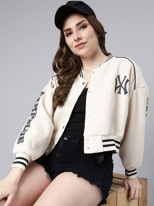 Typography Cream Crop Oversized Drop Shoulder Varsity Jacket