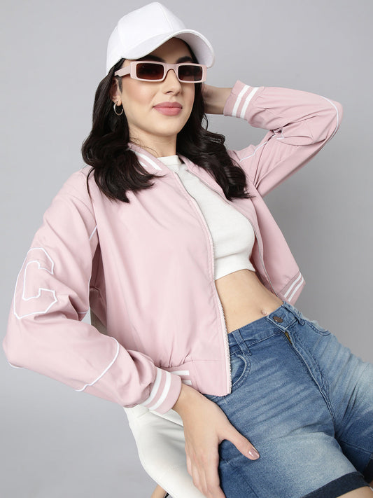 Solid Peach Crop Drop Shoulder Bomber Jacket