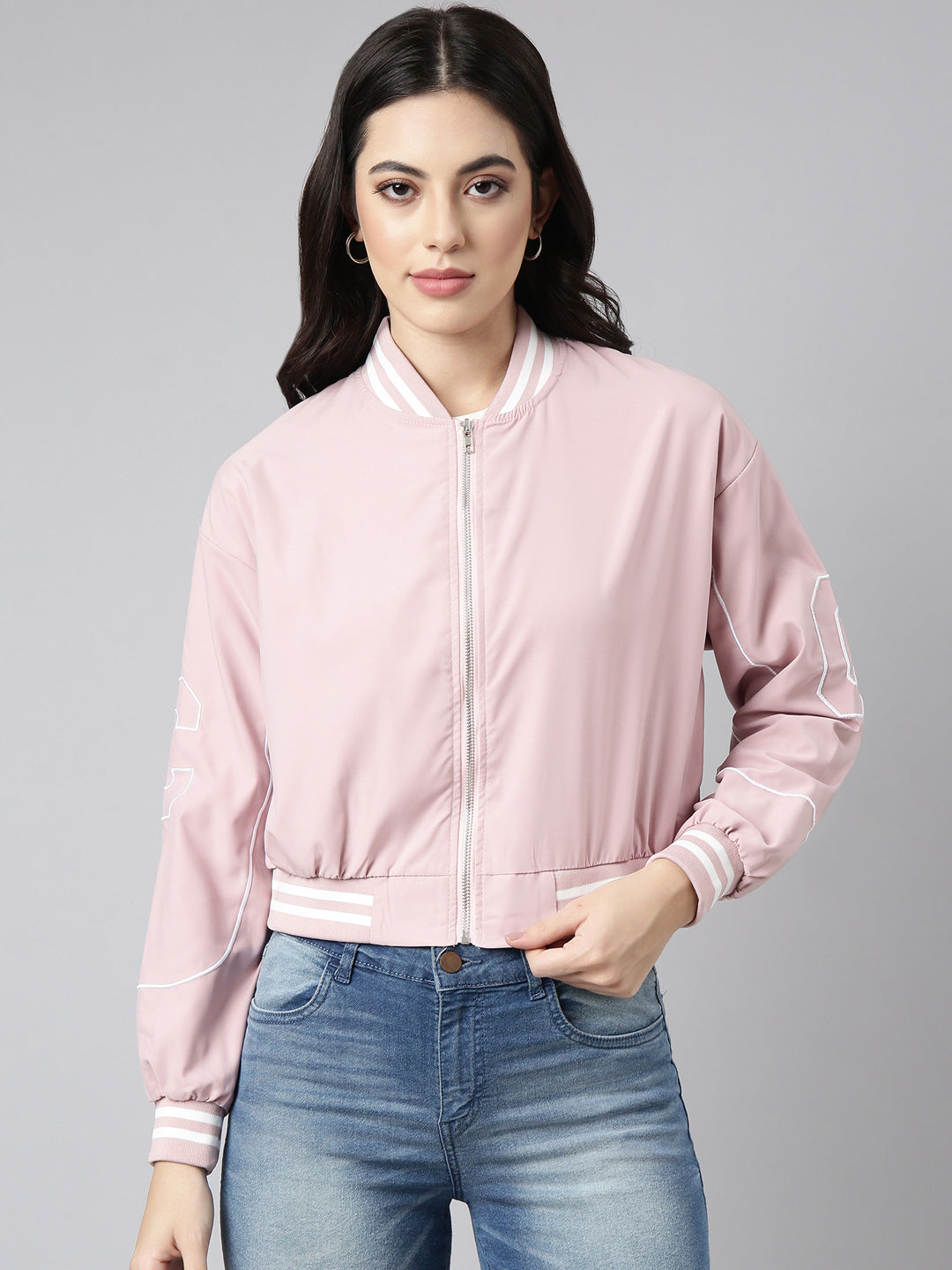Solid Peach Crop Drop Shoulder Bomber Jacket