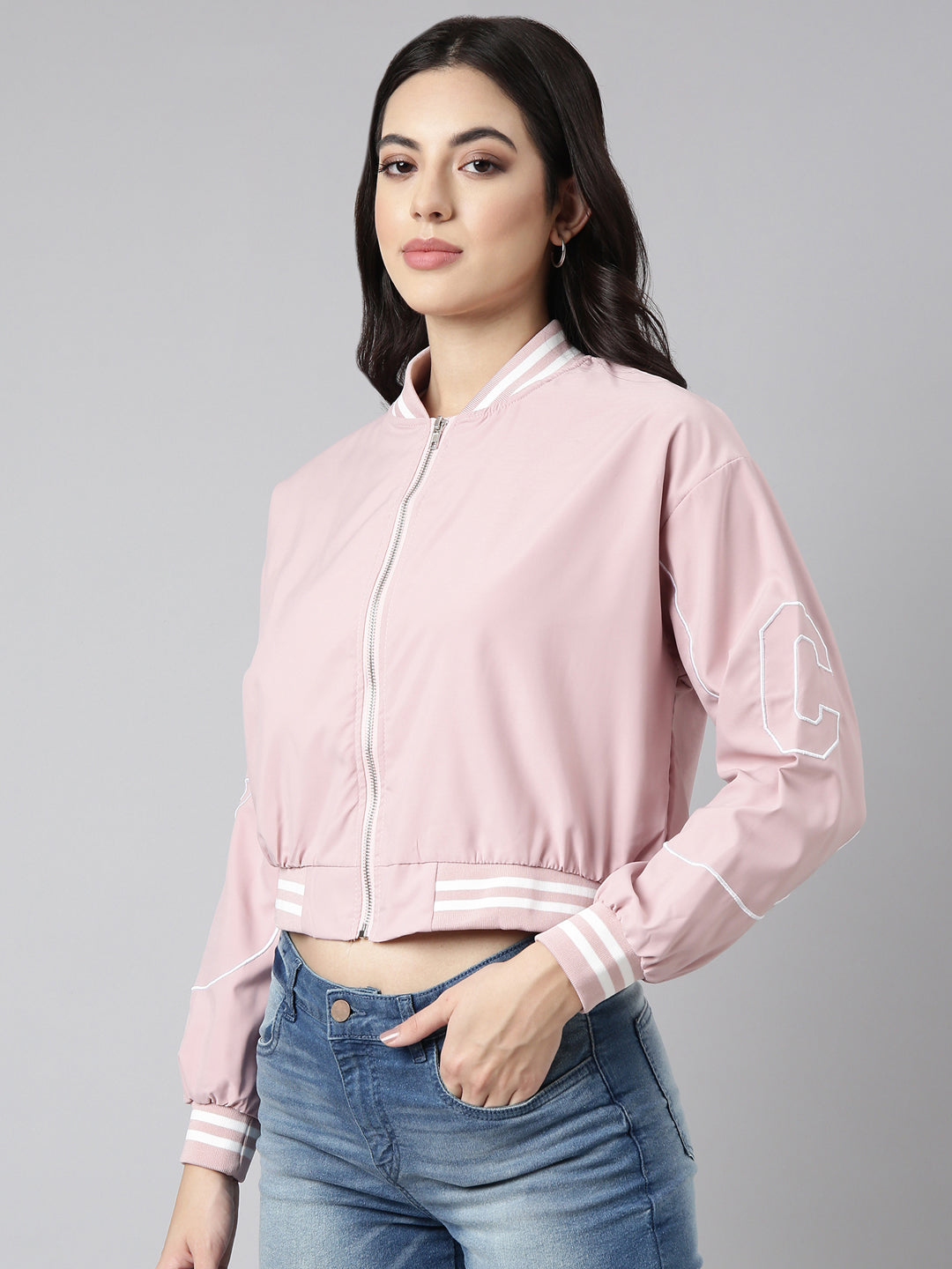 Solid Peach Crop Drop Shoulder Bomber Jacket