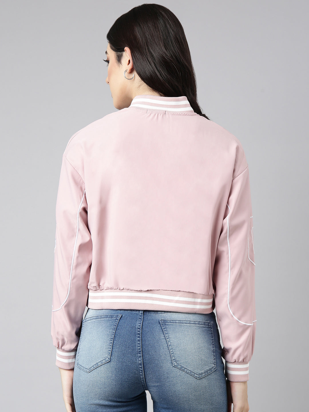 Solid Peach Crop Drop Shoulder Bomber Jacket