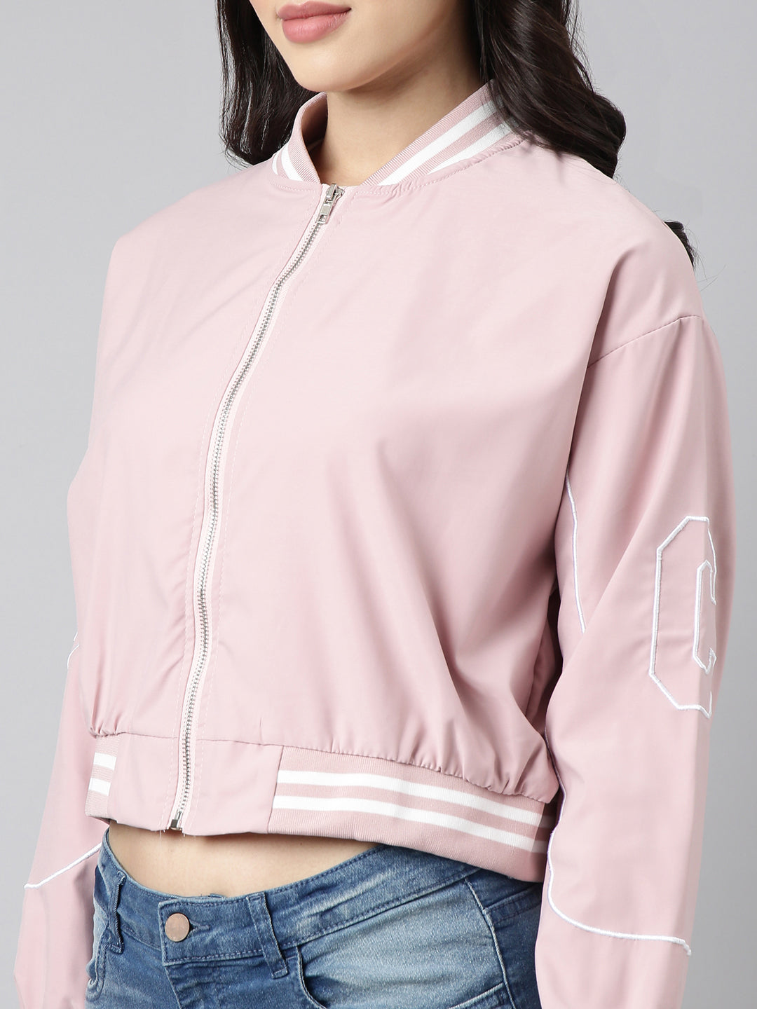 Solid Peach Crop Drop Shoulder Bomber Jacket
