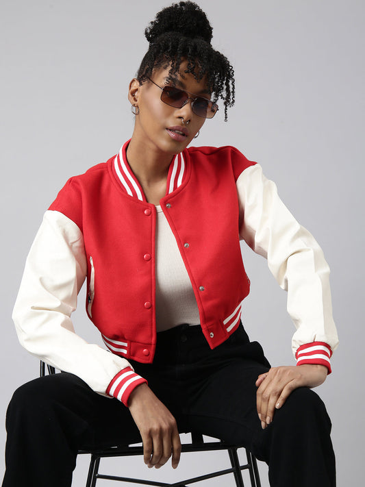 Red Colour blocked Crop Oversized Varsity Jacket