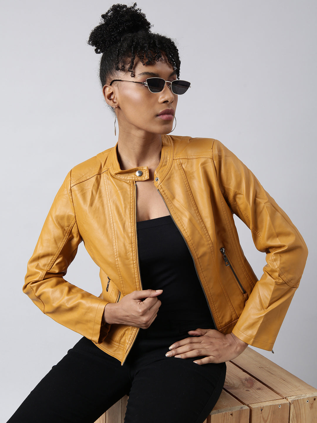Mustard Mandarin Collar Biker Jacket
