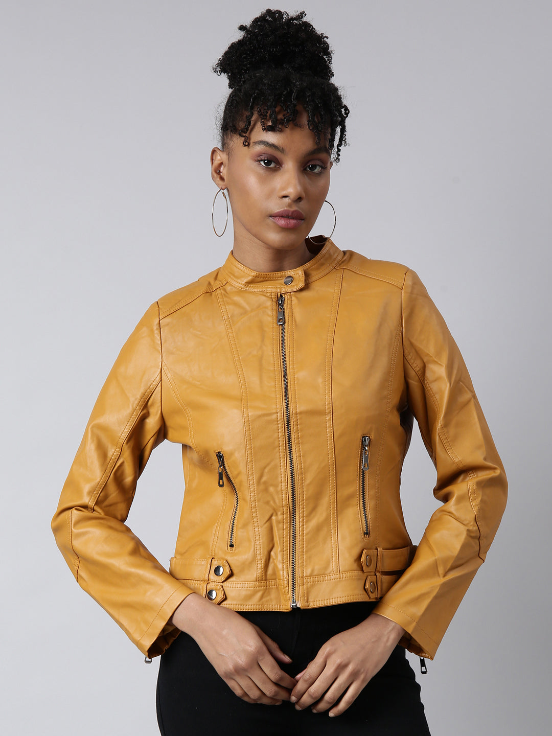 Mustard Mandarin Collar Biker Jacket