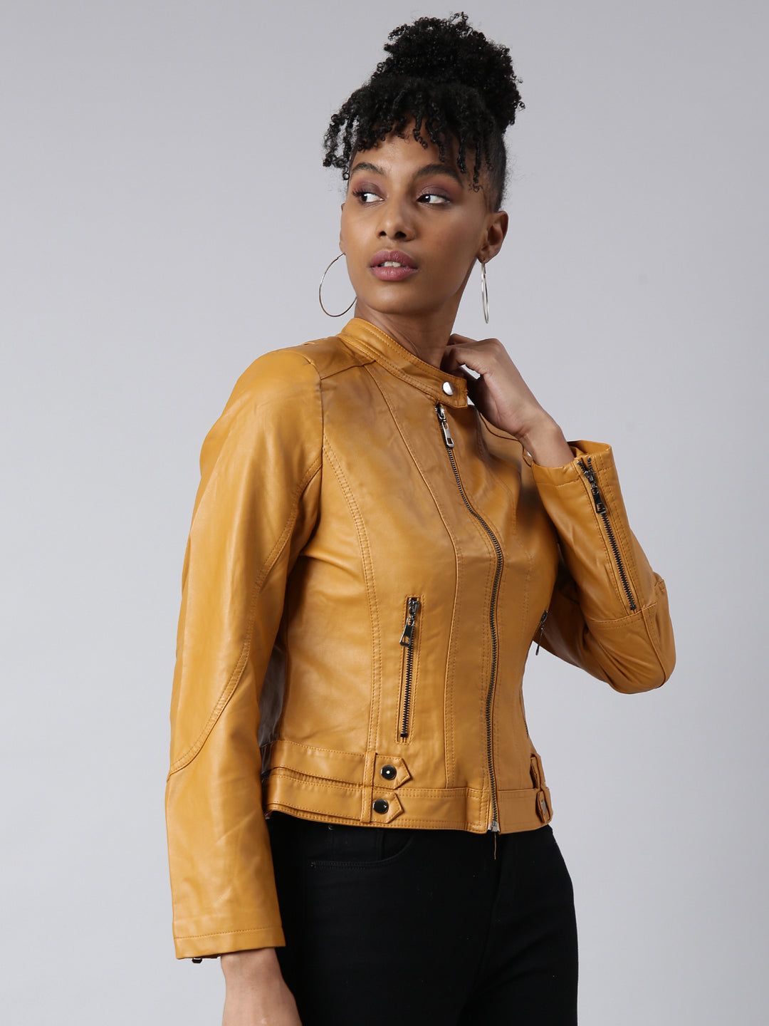 Mustard Mandarin Collar Biker Jacket