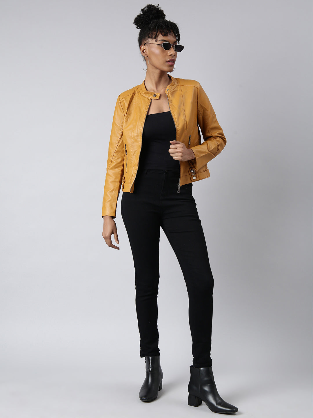 Mustard Mandarin Collar Biker Jacket