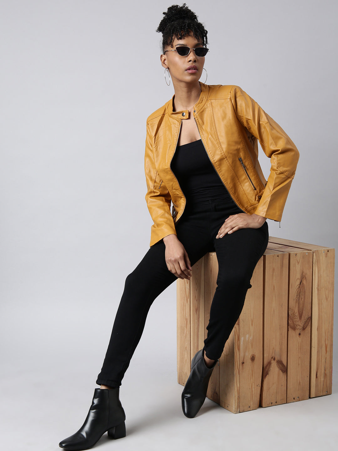 Mustard Mandarin Collar Biker Jacket