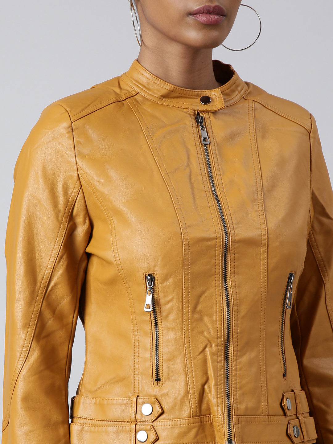 Mustard Mandarin Collar Biker Jacket