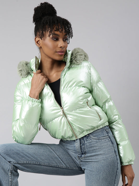 Green Hooded Puffer Jacket with Detachable Hood