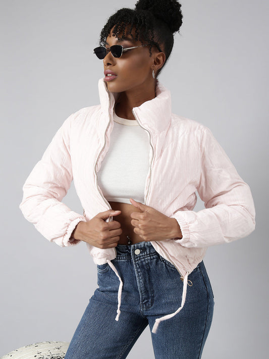 Pink Mock Collar Fleece Puffer Jacket