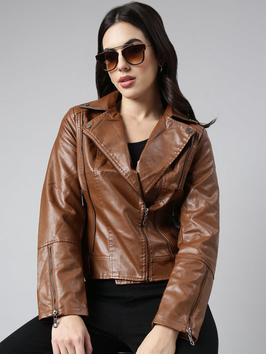 Brown Spread Collar Crop Biker Jacket