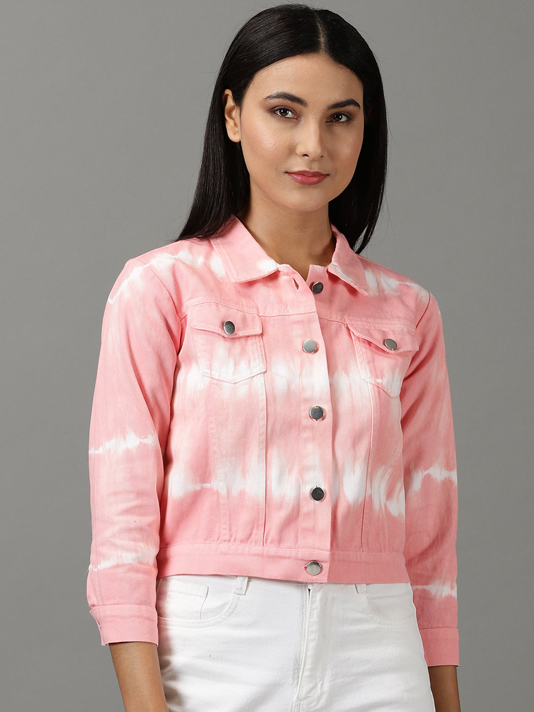 Pink Abstract Printed Spread Collar Denim Jacket