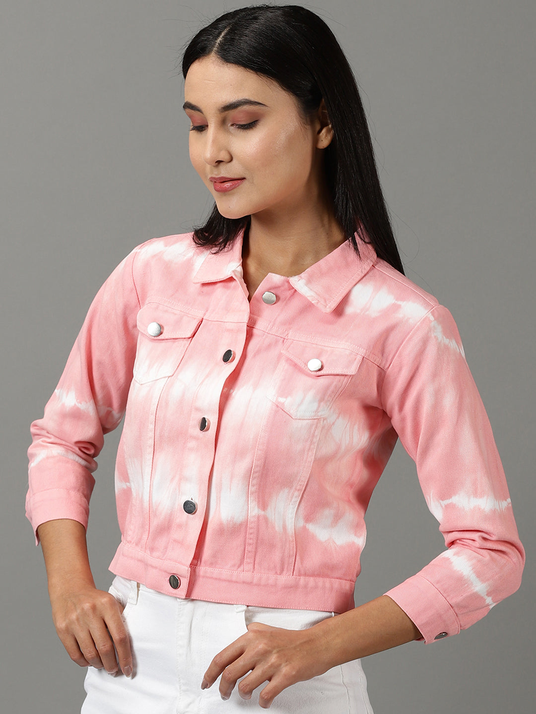 Pink Abstract Printed Spread Collar Denim Jacket