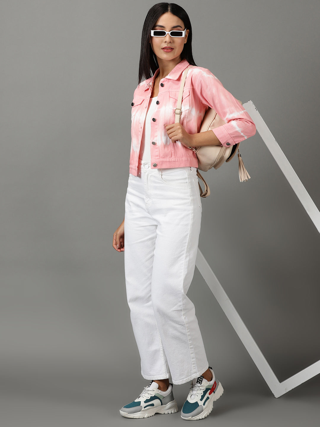 Pink Abstract Printed Spread Collar Denim Jacket