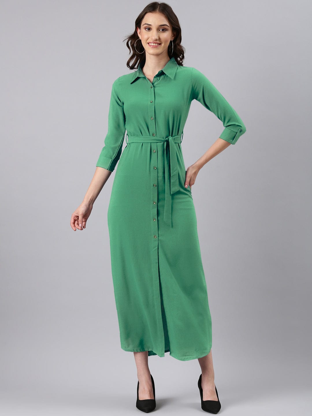 Green Shirt Style Dress with Buttons & Waist Tie-Up