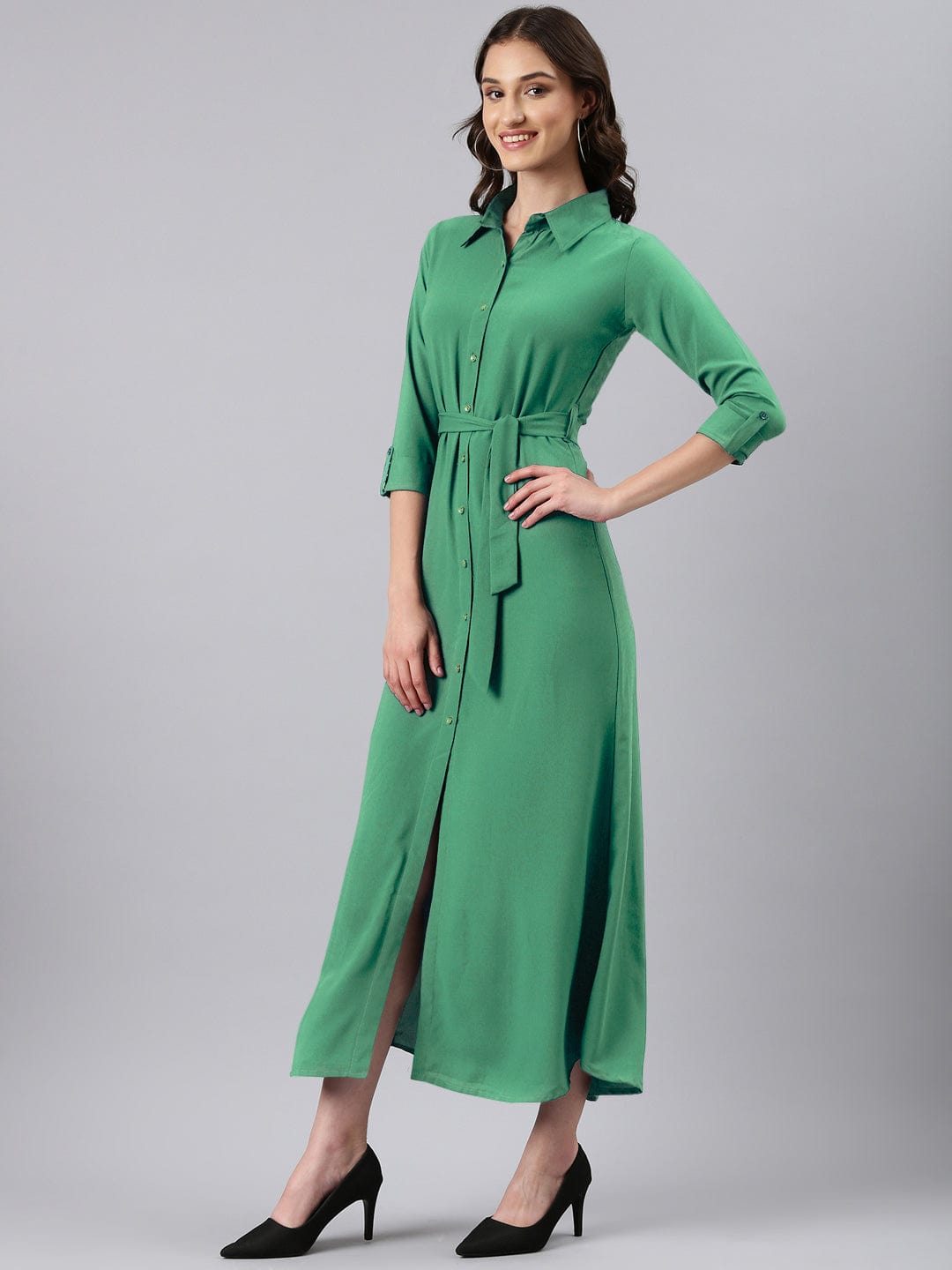 Green Shirt Style Dress with Buttons & Waist Tie-Up