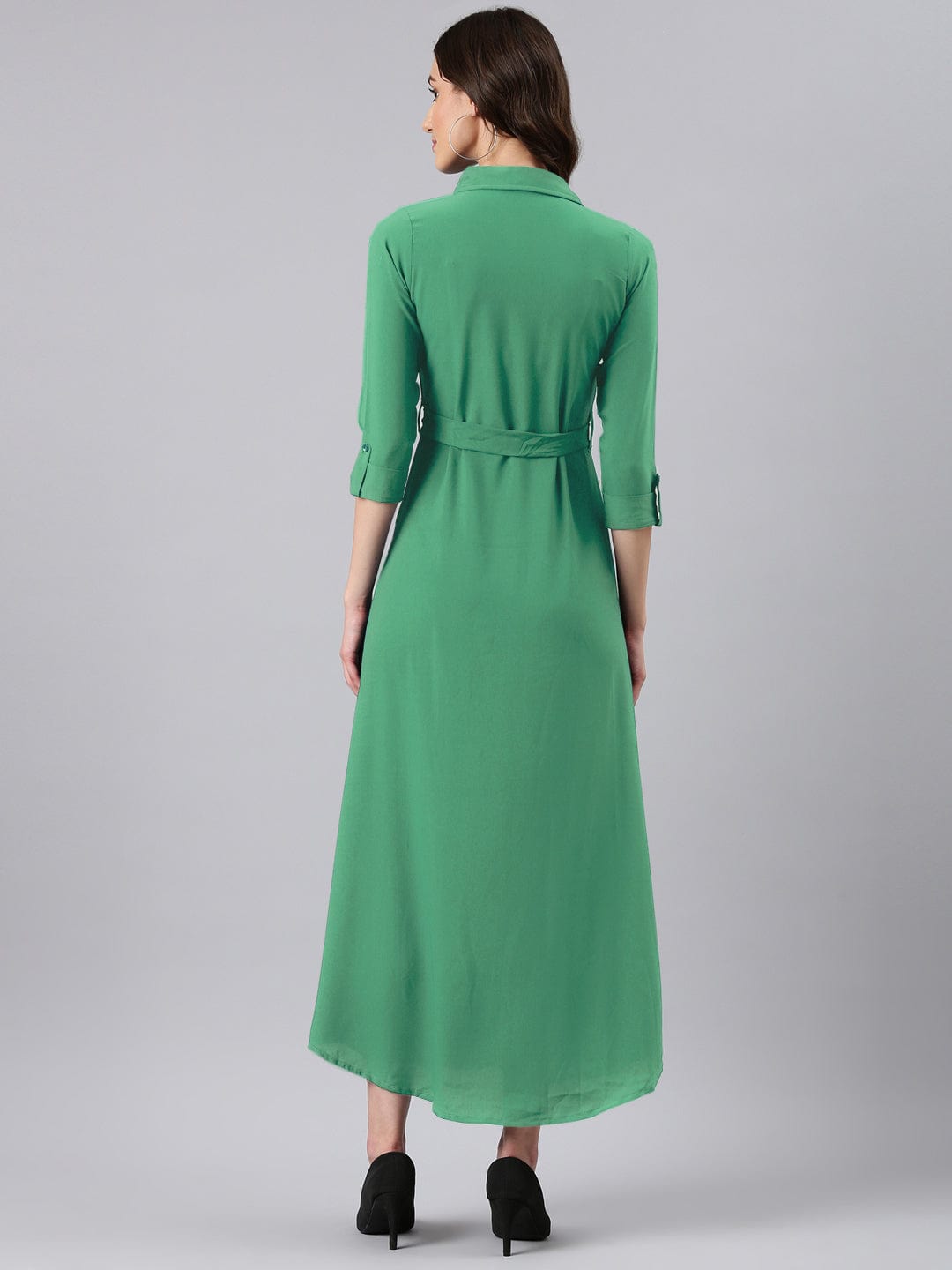 Green Shirt Style Dress with Buttons & Waist Tie-Up
