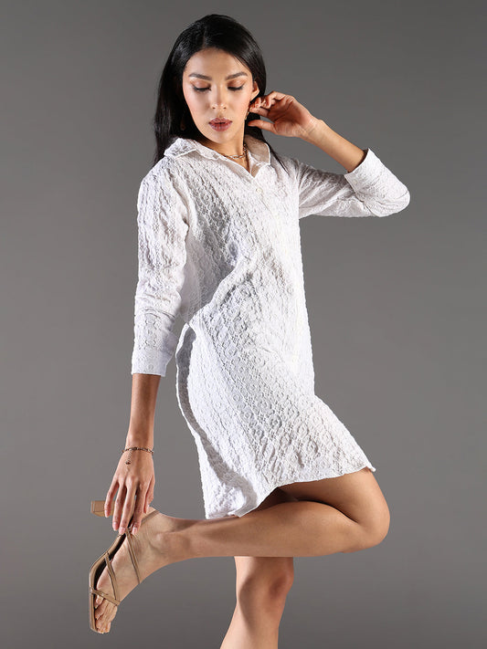 White Self Design Cotton Shirt Dress