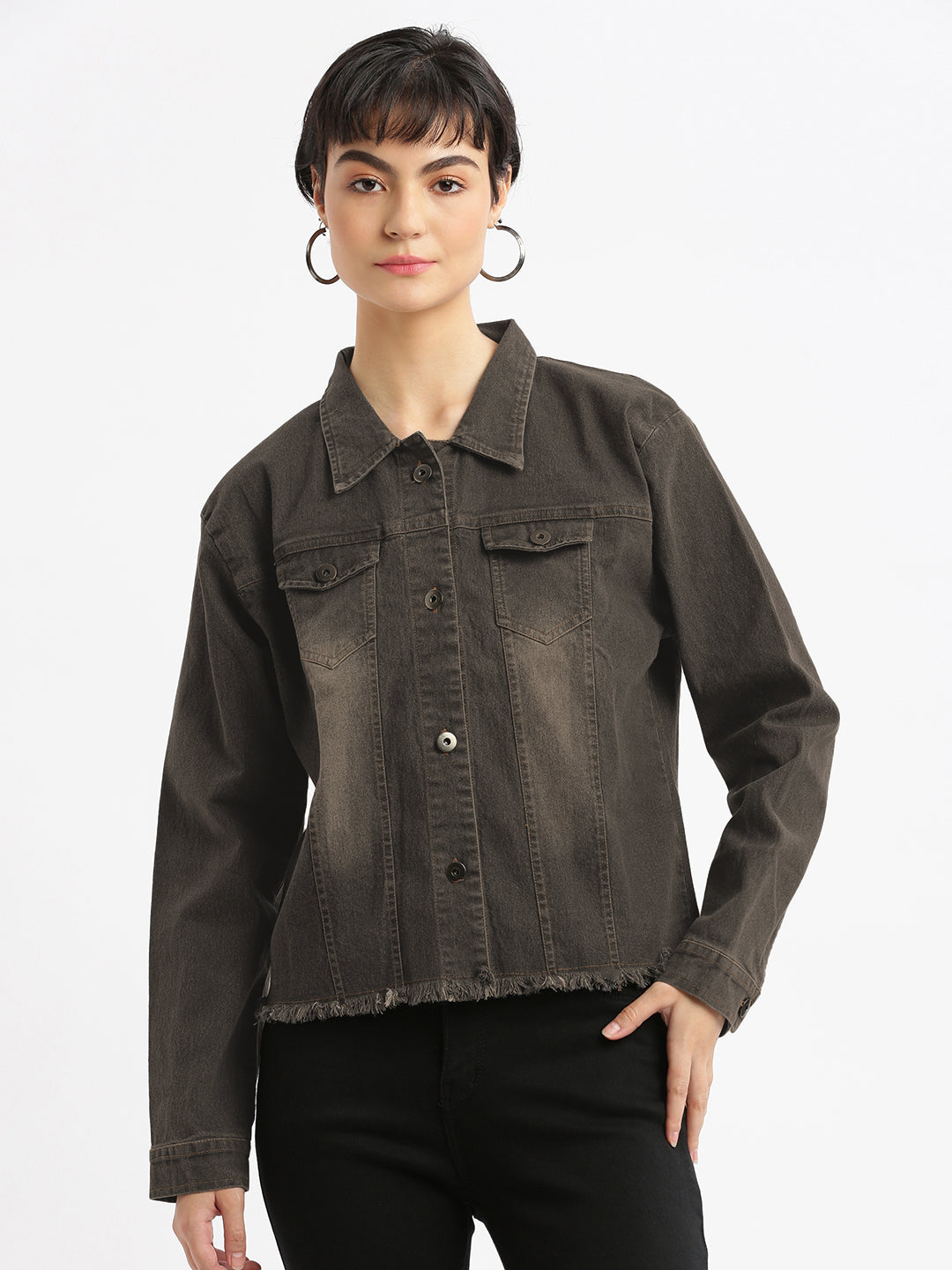 Spread Collar Brown Solid Denim Jacket
